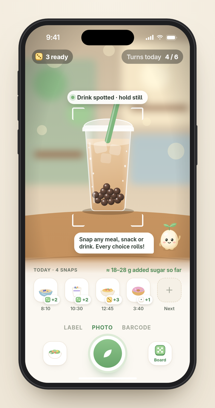 Swapling camera home: snap any meal, snack, or drink with Pip the sprout mascot