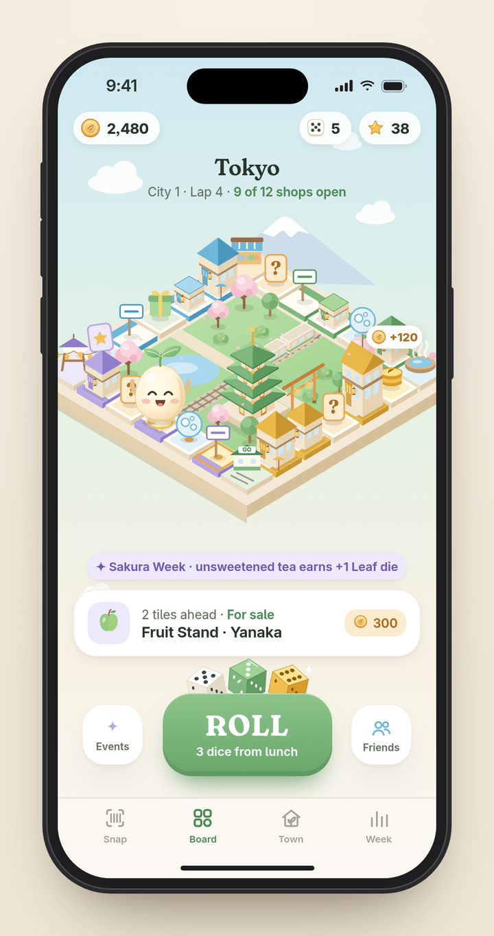 Tokyo City 1 board: Monopoly-style food streets with Pip on the track and a ROLL button